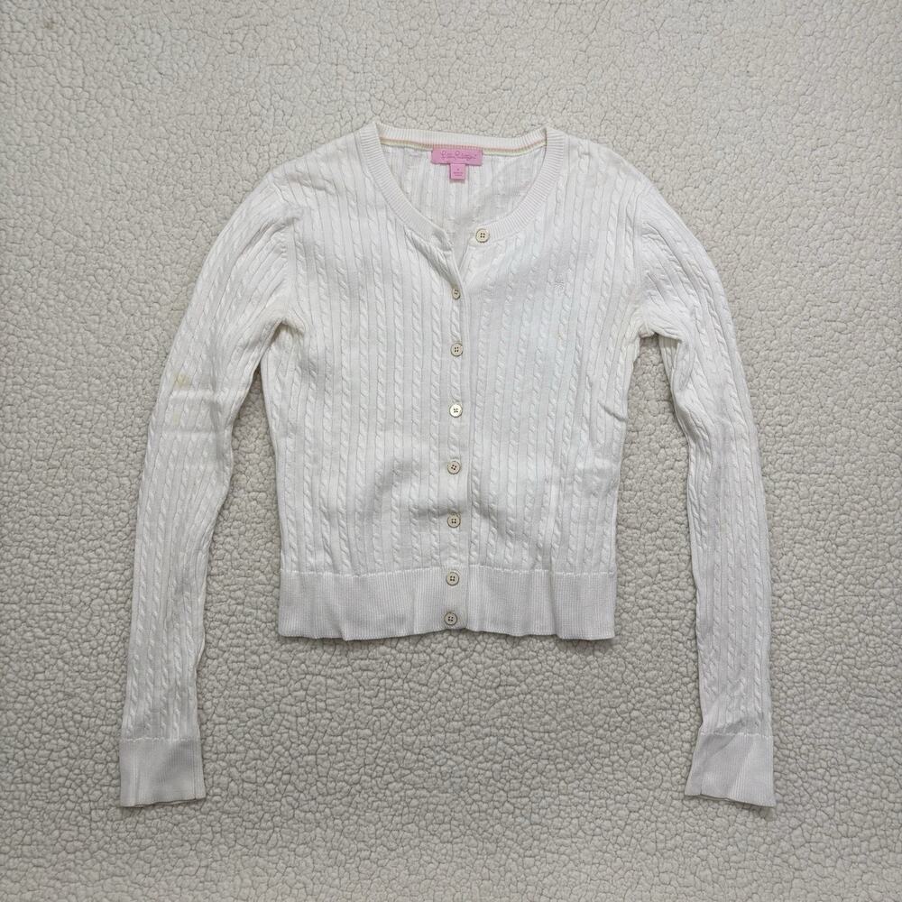Lilly Pulitzer Cable Knit Cardigan Sweater White Size Small‎ Preppy Button Crop